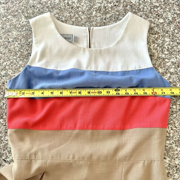 VTG Howard Wolf Size 8 Sheath Pencil Dress Tan Blue White Colorblock Stripes - Picture 14 of 16